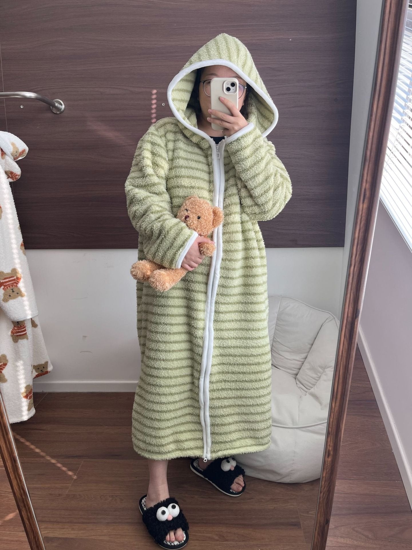 Thickened Warm Loungewear Nightgown Hooded Zipper