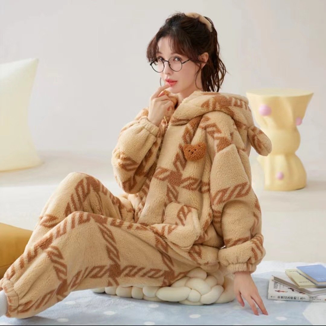 Thick Flannel Warm Loungewear Pajamas Suit