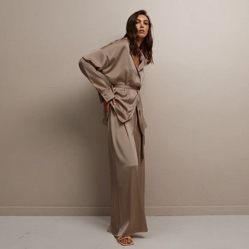 Solid Color Ladies Loungewear Satin Satin Top Trousers