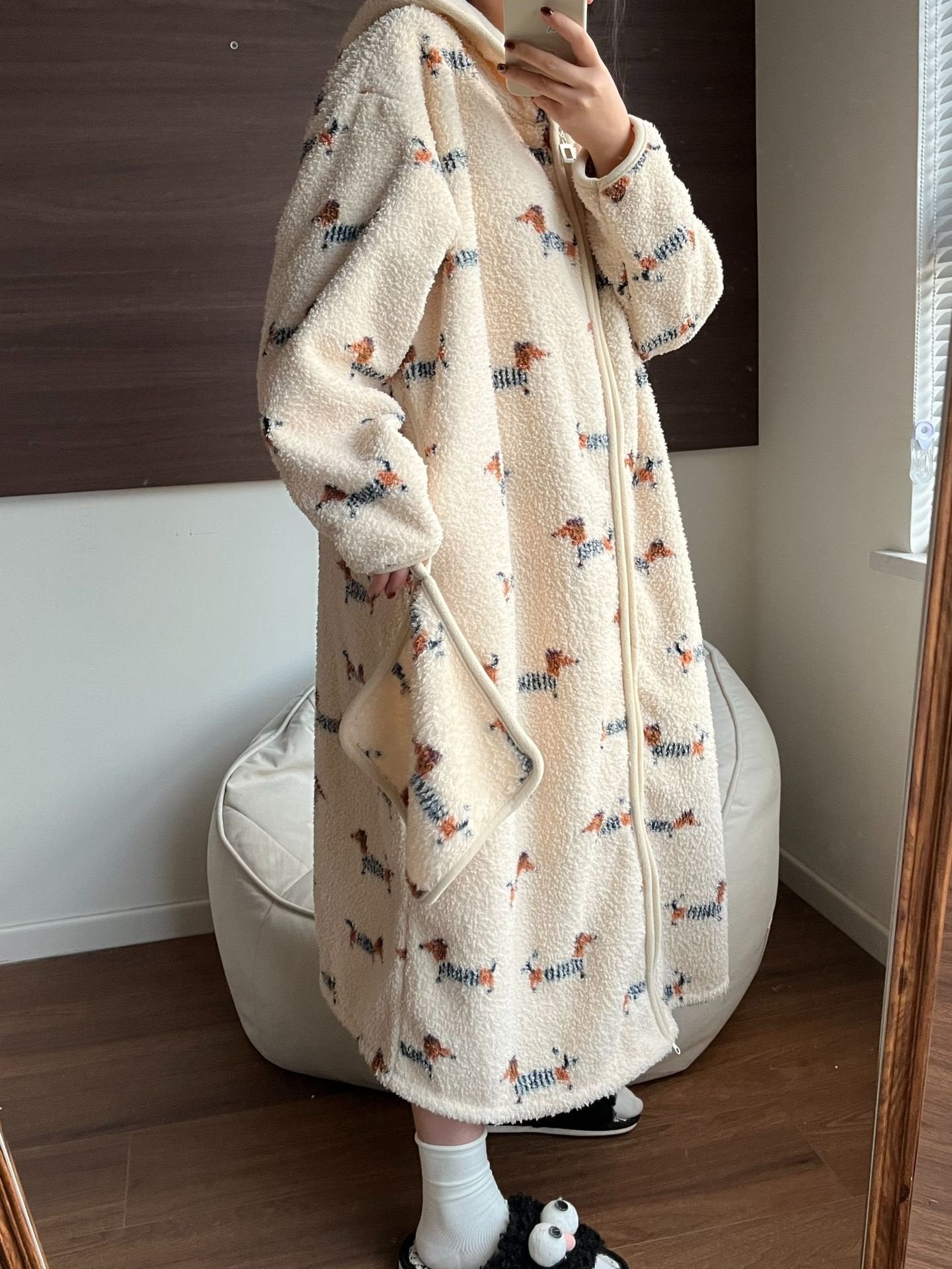 Thickened Warm Loungewear Nightgown Hooded Zipper